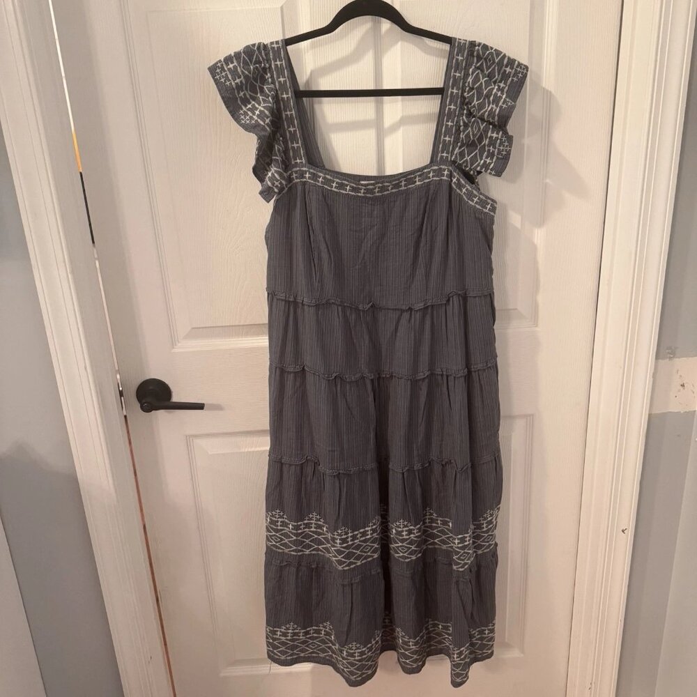Knox Rose Midi Dress Womens Sz L Dusty Blue Pockets Tiered Festival Embroidered
